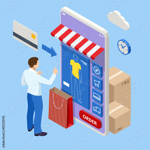 Smartphone Online shopping on application and website, internet shop. Concept of mobile marketing and e-commerce. Digital marketing online, shopping cart with new items on smartphone screen.