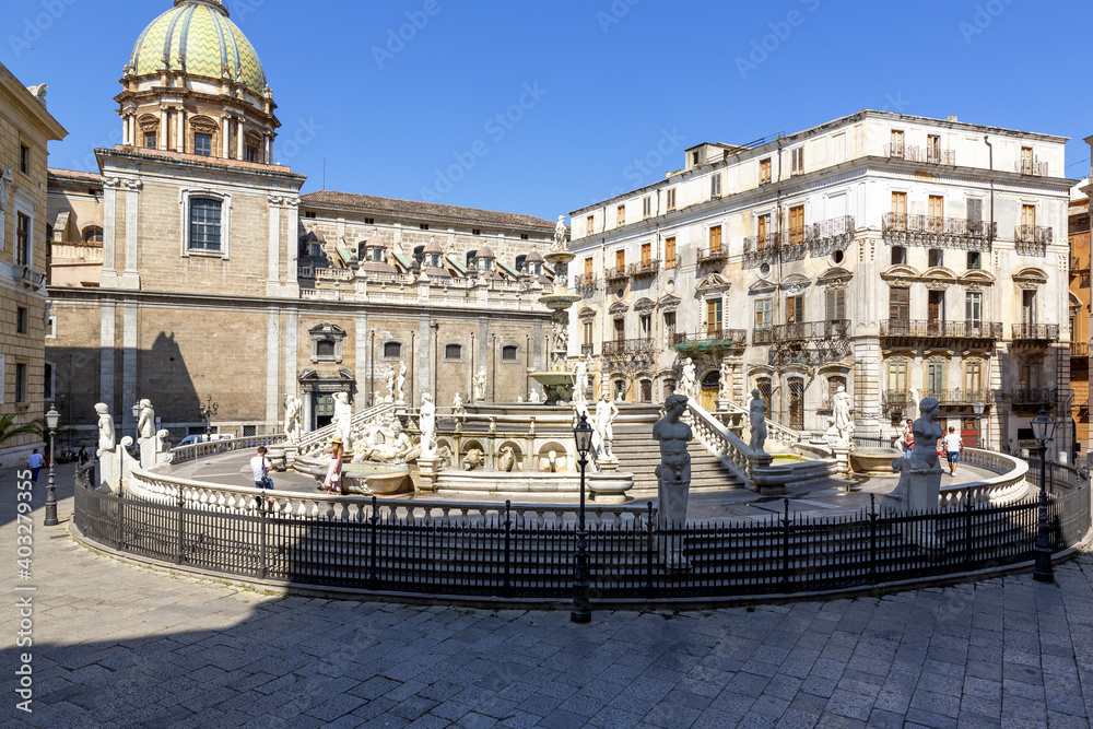 Beautiful view of Piazza Pretoria, or Piazza della Vergogna, in Palermo