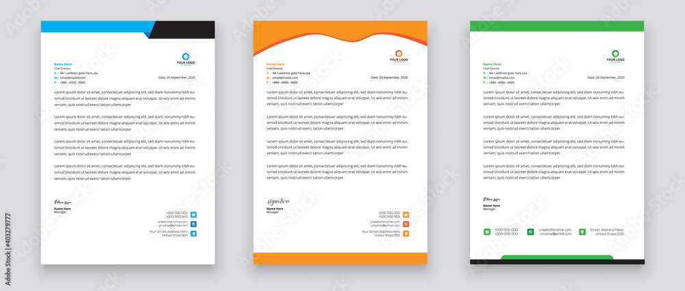 Business style letterhead template design for project with standard sizes.