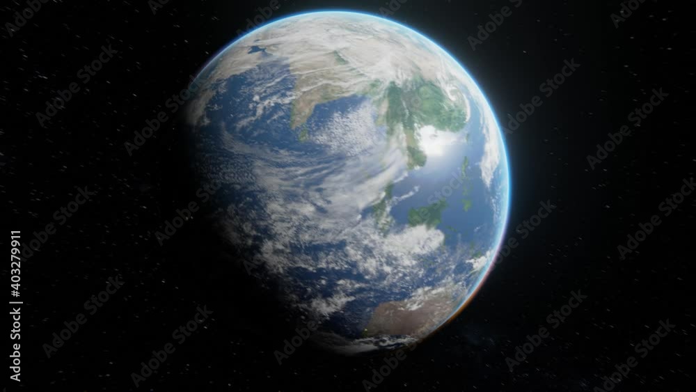 Flying around view of passing by Earth planet in open space over stars background Flying around view of passing by Earth planet in open space over stars background