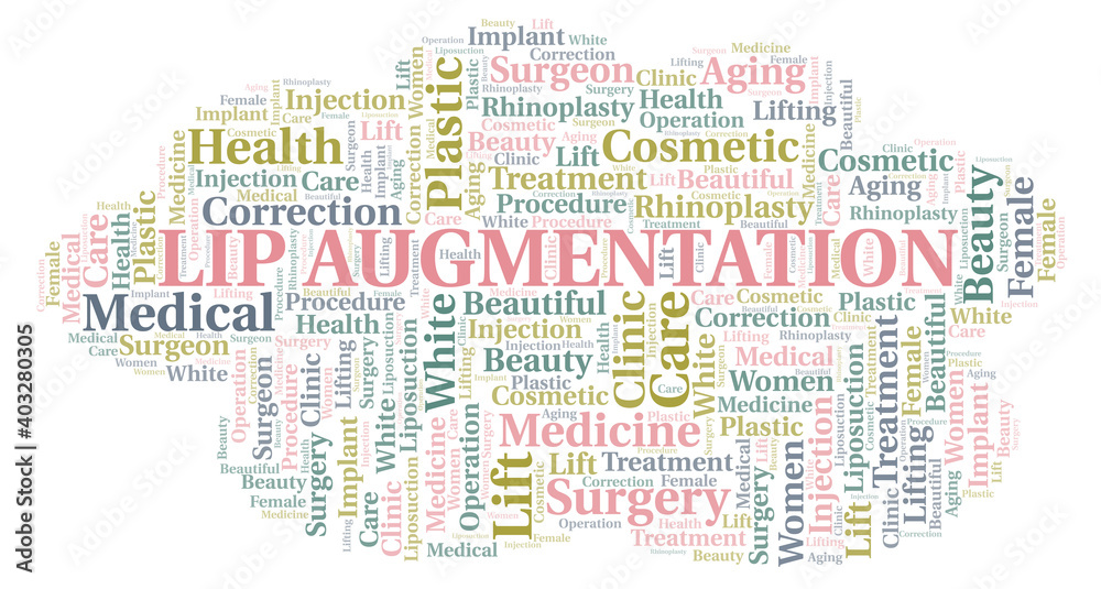 Lip Augmentation typography word cloud create with the text only. Type of plastic surgery Lip Augmentation typography word cloud create with the text only. Type of plastic surgery