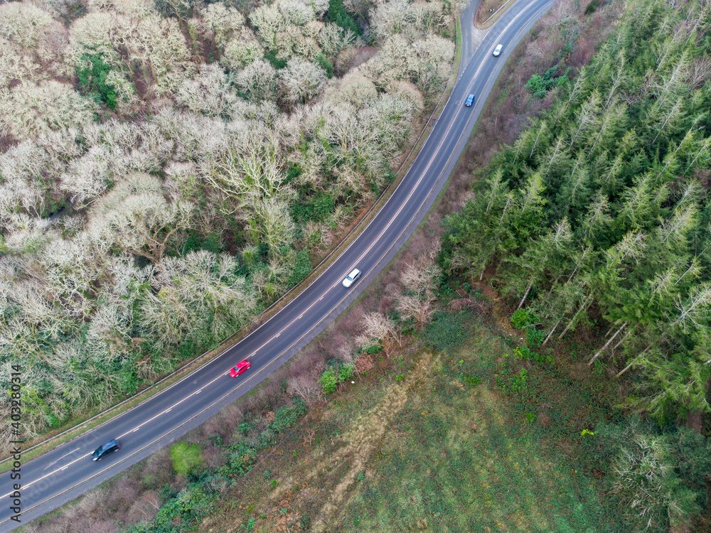 aerial drone photograph of road in uk England 