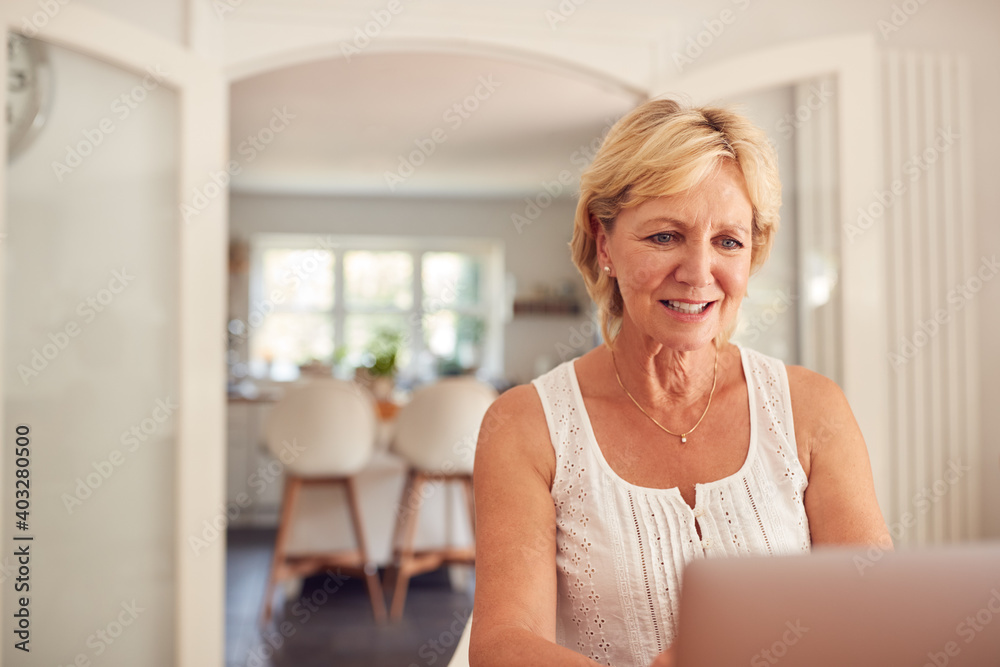 Retired Woman At Home In Kitchen Shopping Online And Managing Domestic Finances Using Laptop Retired Woman At Home In Kitchen Shopping Online And Managing Domestic Finances Using Laptop
