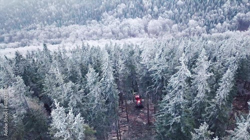 Logging Machine in the woods. Forest machinery, Cutting trees aerial shot
