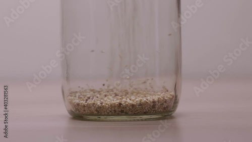 Des graines de quinoa qui tombent dans une bouteille vide photo