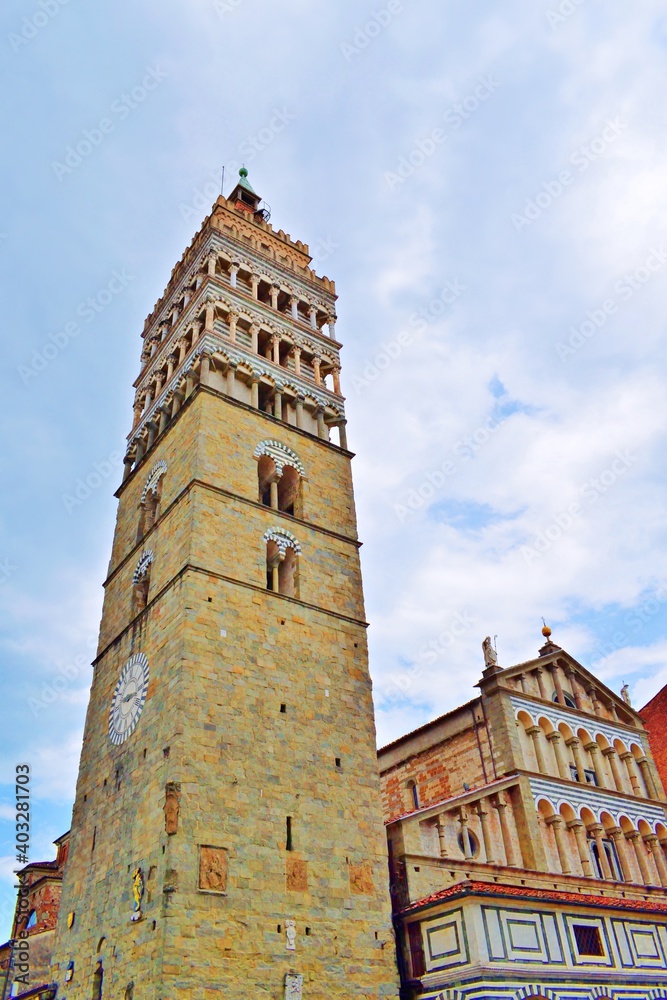 bell tower of the cathedral of San Zeno located in the historic center of the city of Pistoia in Tuscany, Italy