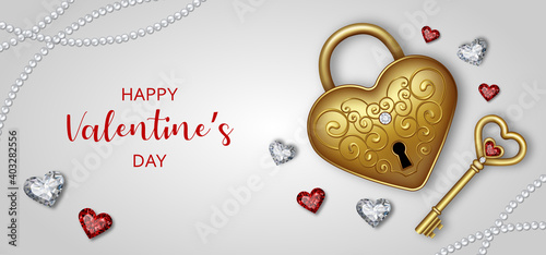 valentine's day banner with heart shaped padlock key and diamonds