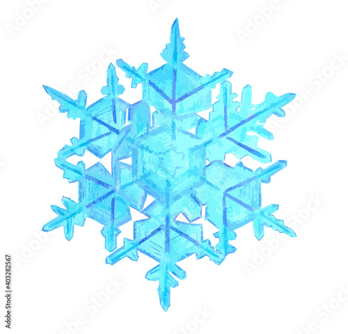 Hand drawn watercolour illustration of dark and light blue snowflake. Isolated on white background. 