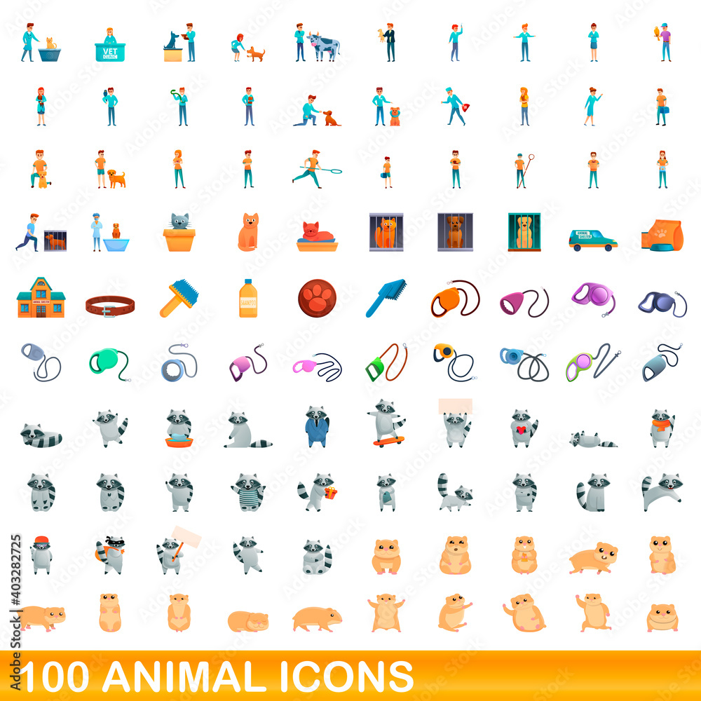 Naklejka premium 100 animal icons set. Cartoon illustration of 100 animal icons vector set isolated on white background