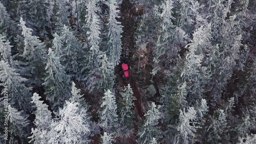 Logging Machine in the woods. Forest machinery, Cutting trees aerial shot