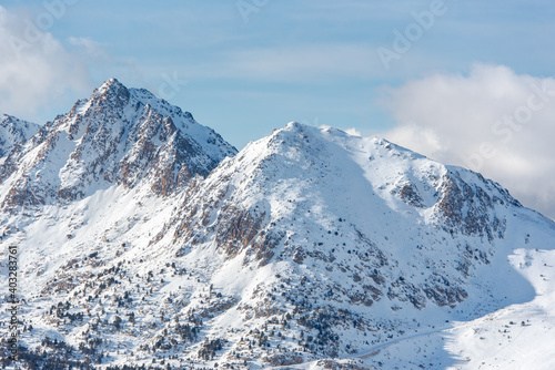 Mountains in the Pyrenees in Andorra in winter with lots of snow