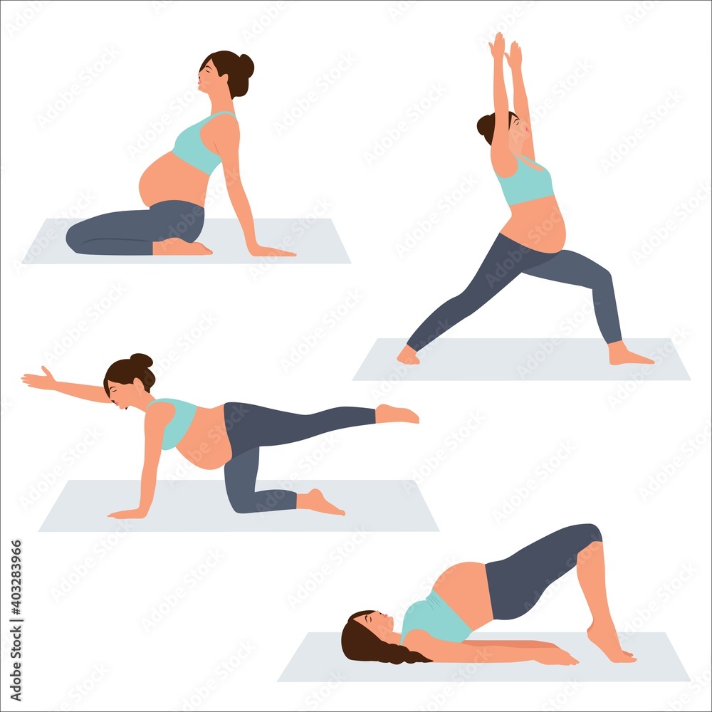 Set of Yoga poses for Pregnant women. Prenatal exercise. Vector illustration on white background. Woman in different poses, asanas