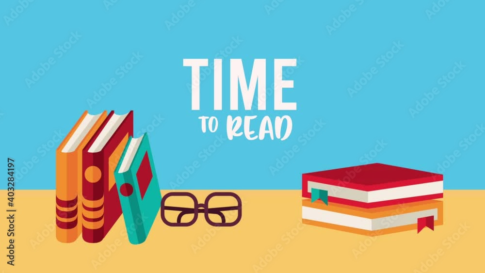 time to read lettering with books and glasses learning animation