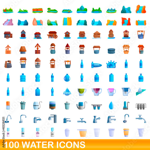 100 water icons set. Cartoon illustration of 100 water icons vector set isolated on white background