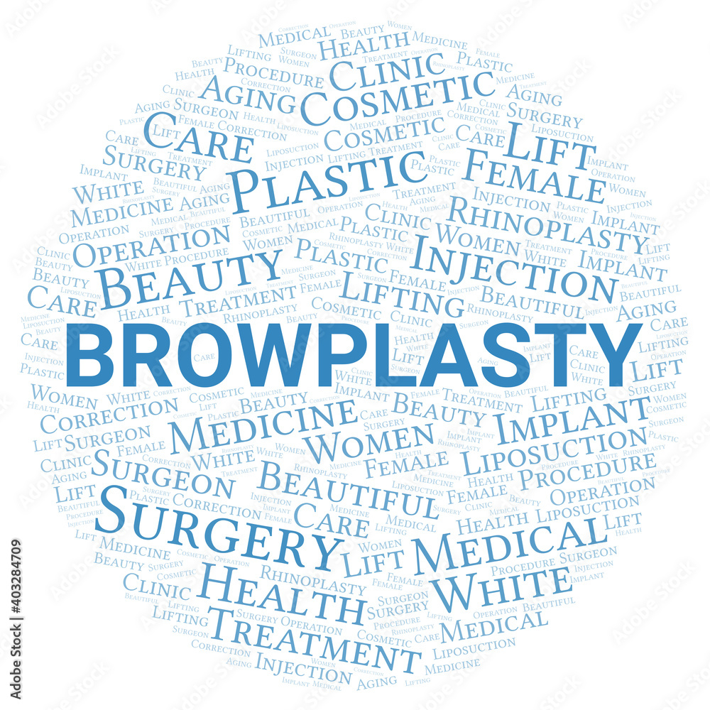 Browplasty typography word cloud create with the text only. Type of plastic surgery Browplasty typography word cloud create with the text only. Type of plastic surgery