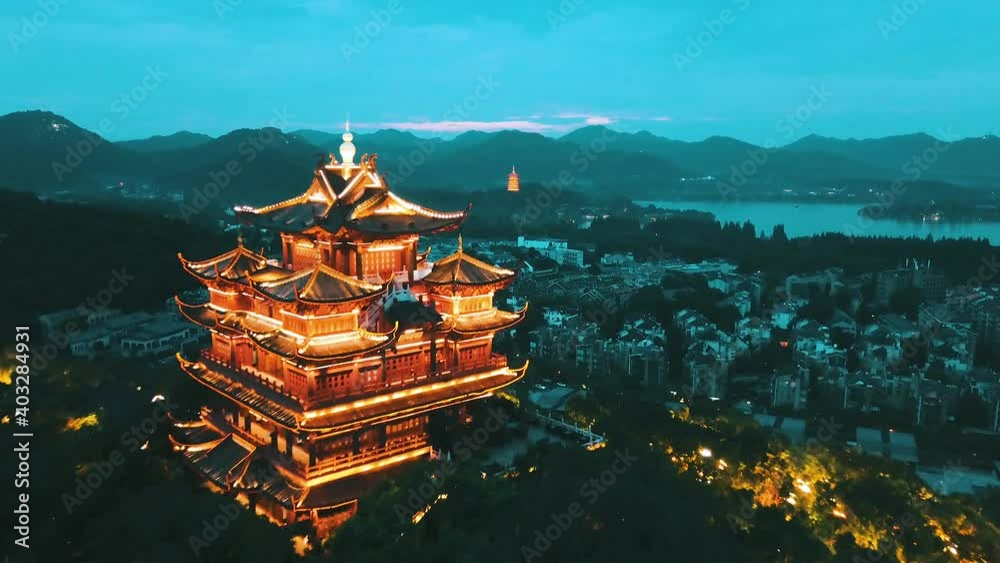 4K Sunset at Westlake in Hangzhou, China - Pagoda