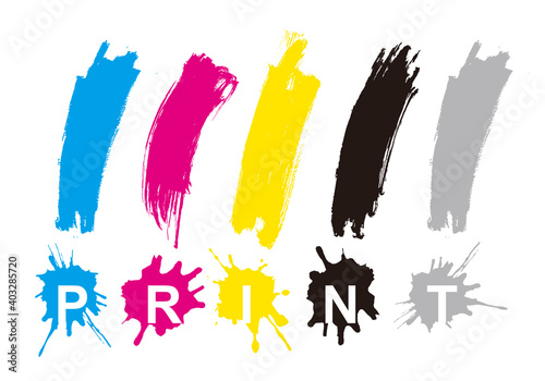 Print colors, exclamation marks, splatters.
Illustration of four expressive exclamation marks with PRINT lettering. Concept for presenting of color printing. Vector available.