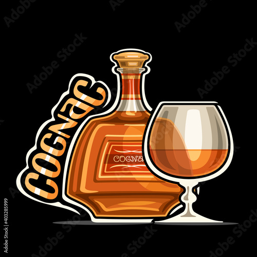 Vector logo for Cognac, outline illustration of brown bottle with decorative label and half full snifter glass, placard with unique design lettering for orange word cognac on dark background.