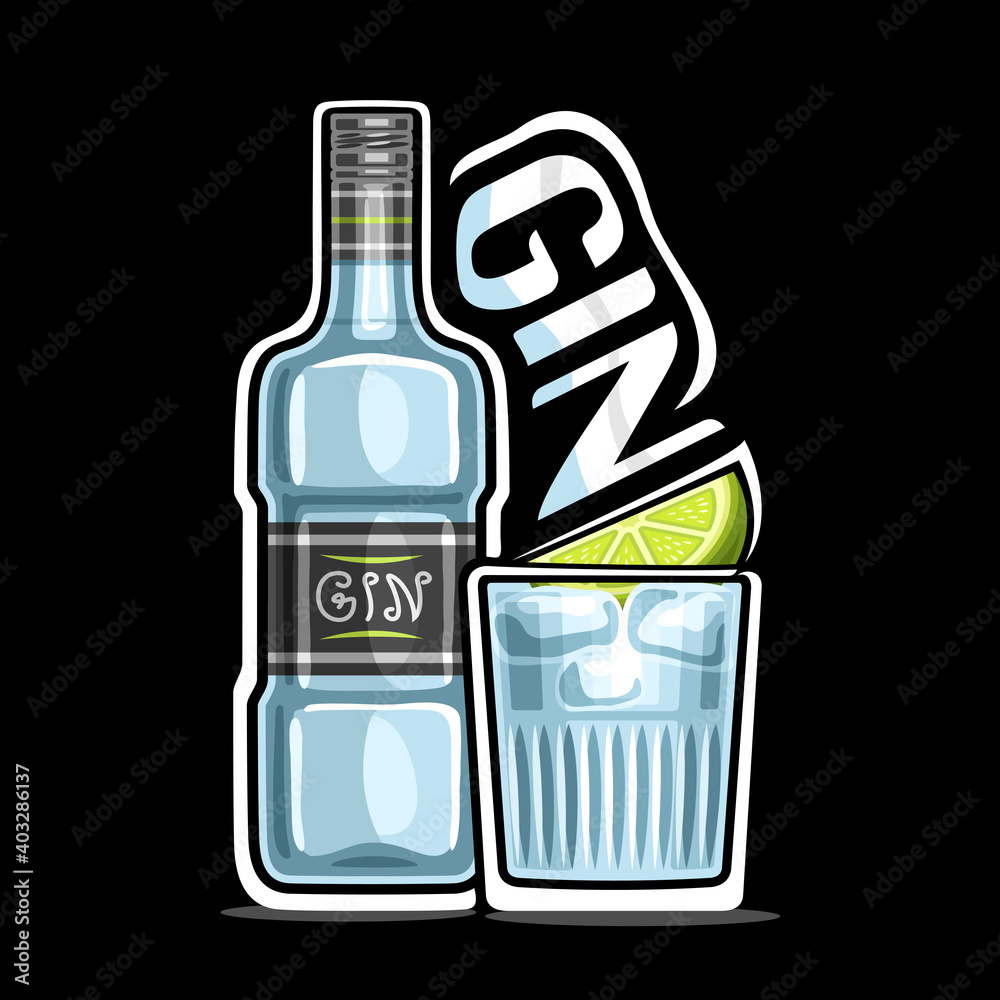 Vector logo for Gin, outline illustration of blue bottle with decorative label and full glass of chilled dry gin tonic with lemon slice, placard with unique lettering for word gin on dark background. - obrazy, fototapety, plakaty 