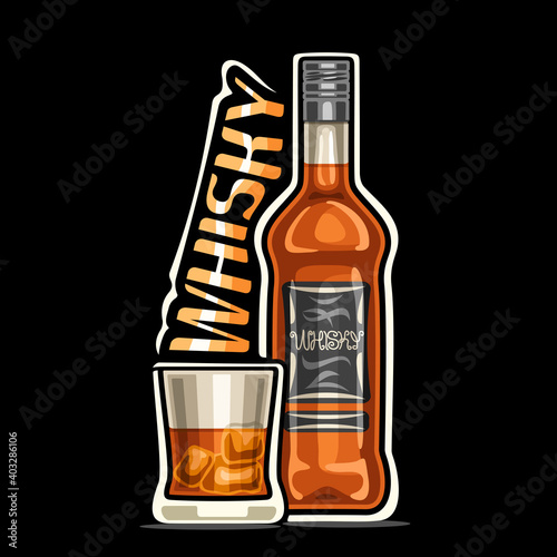 Vector logo for Whisky, outline illustration of brown bottle with decorative label and half full glass with ice cubes, placard with unique design lettering for orange word whisky on dark background.