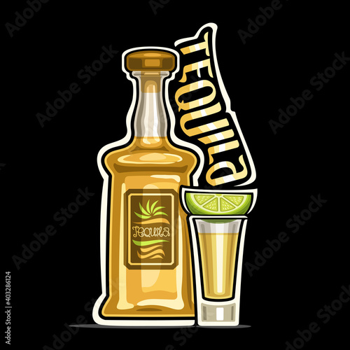 Vector logo for Tequila, outline illustration of yellow bottle with decorative label and full glass shot with lemon slice, placard with unique design lettering for word tequila on dark background.