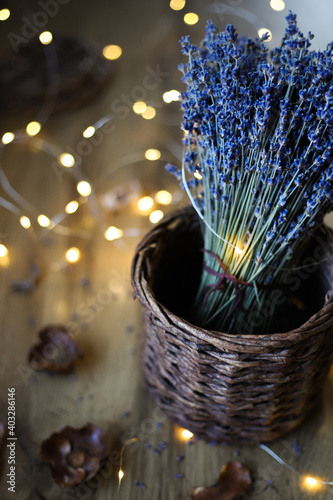 a bouquet of dried lavender in a basket