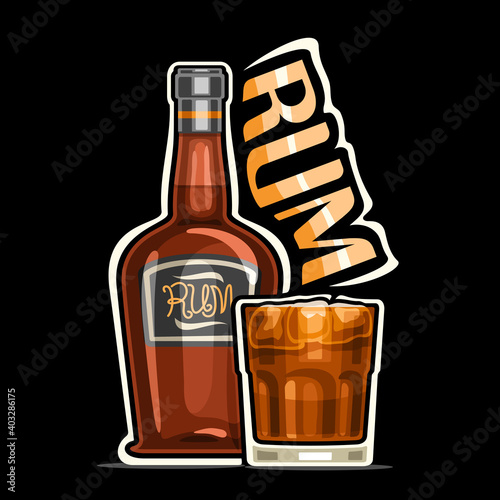 Vector logo for Rum, outline illustration of brown bottle with decorative label and full glass of rum with ice cubes, square placard with unique design lettering for orange word rum on dark background