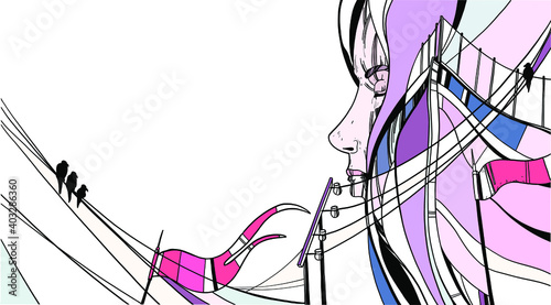 sea ​​travel, a girl dreams of waves, sails and ships, the soul calls to travel, vector graphics on an isolated background