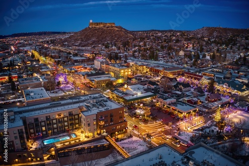 Aerial View of Castle Rock, Colorado with Christmas Lights at Dusk
