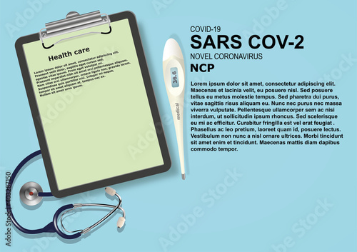 Frame with medical instruments around from a stethoscope and a thermometer on a blue background. Vector illustration with text for web design