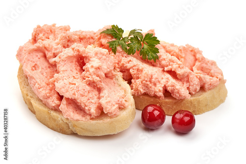 Sandwich with caviar paste, isolated on white background.