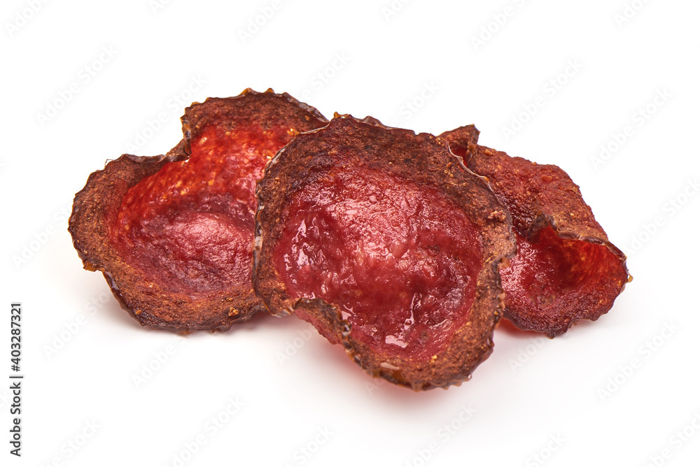 Fried sausage slices, isolated on white background