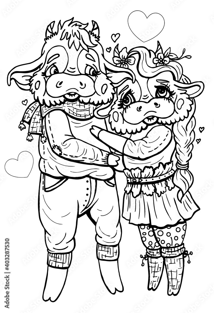 Cartoon characters, couple in love, kind bull in a sweater and scarf, with long ears and small horns and pretty cow with long pigtail in a blouse and skirt with strap, in polka-dot tights and socks. Cartoon characters, couple in love, kind bull in a sweater and scarf, with long ears and small horns and pretty cow with long pigtail in a blouse and skirt with strap, in polka-dot tights and socks.