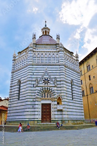 Baptistery of San Giovanni of the fourteenth century in Romanesque style located in the historic center of the city of Pistoia in Tuscany, Italy