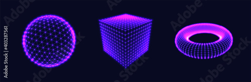 3d figures on dark background. Pink glowing sphere, cube and torus. Geometric wireframe shapes. Line structure. Vector illustration