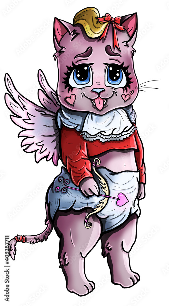 Cartoon character, funny kitten Cupid with big eyes, fluffy eyelashes and angel wings, in diaper, with bow-knot, with protruding tongue and plump cheeks - hearts, with small bow and arrow in a paw. Cartoon character, funny kitten Cupid with big eyes, fluffy eyelashes and angel wings, in diaper, with bow-knot, with protruding tongue and plump cheeks - hearts, with small bow and arrow in a paw.