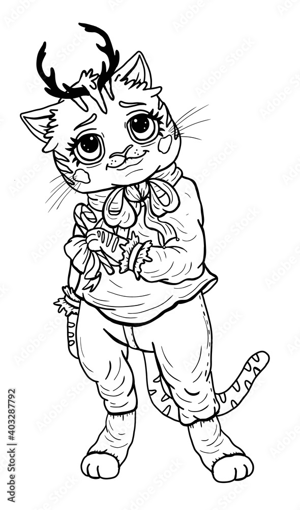 Cartoon character, cute tiger with big eyes, small horns and ears, with fluffy eyelashes, plump cheeks and smile, in a shirt and trousers, with a large bow-knot on his neck and a candy in his paw. Cartoon character, cute tiger with big eyes, small horns and ears, with fluffy eyelashes, plump cheeks and smile, in a shirt and trousers, with a large bow-knot on his neck and a candy in his paw.