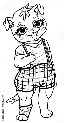 Cartoon character, cute naughty puppy with small ears and big adorable eyes, with smile and protruding tongue, in plaid shorts with suspenders, a shirt and in one sock. Isolated, full growth.