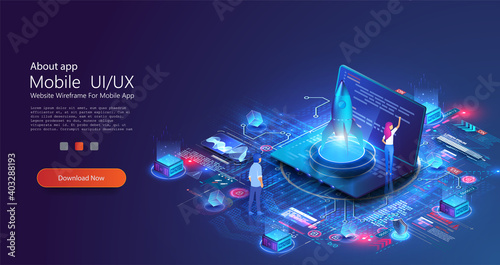 Rocket launch start up creative idea and computer digital diagrams. Innovation, success creative solution concept. Landing page template. People presentation new business project start up on laptop