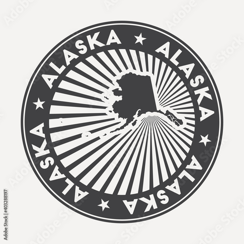 Alaska round logo. Vintage travel badge with the circular name and map of US state, vector illustration. Can be used as insignia, logotype, label, sticker or badge of Alaska.