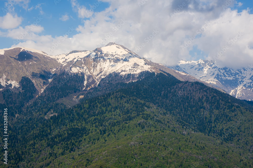 Snow-capped mountains and green forest. The Caucasus mountain range. Spring bright sunny day in the mountains. Colorful landscape in spring.The concept of ecotourism, travel, winter outdoor activities