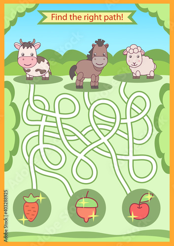 Fototapeta Naklejka Na Ścianę i Meble -  Children maze. Find the right path for domestic animals. Kids labyrinth game and activity page. Funny riddle. Education worksheet. Vector illustration.