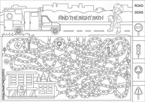 Coloring page for book. Children maze with a cartoon cute doctor. Kids labyrinth game and activity page. Find the right path. Worksheet with funny riddle. Vector illustration.