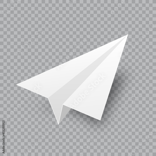 Realistic handmade paper plane on transparent background. Origami aircraft in flat style. Vector illustration.