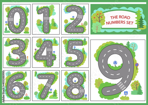 Education wallpaper. Numbers set. Background with road for gaming car. Lesson learn numbers. Kids background for game. Wallpaper for childrens room. Vector illustration.