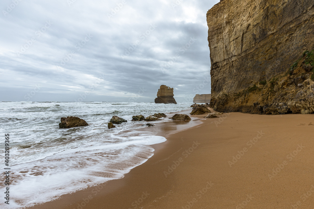 Beach along the Great Ocean Road on a stormy spring day