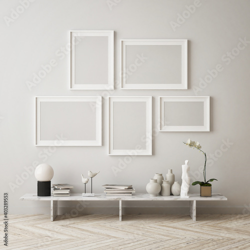 mock up poster frame in modern interior background, living room, Scandinavian style, 3D render, 3D illustration © mtlapcevic