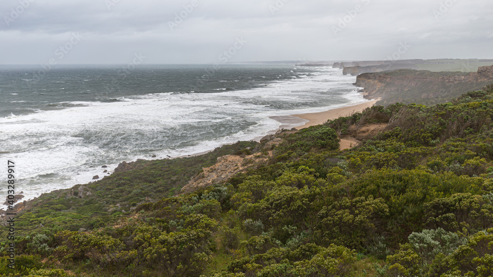 Coast along the Great Ocean Road on a stormy spring day