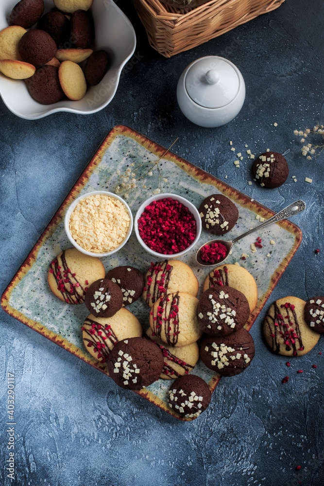 Homemade Vanila and Chocolate cookies. Sugar Cookies. Cookies with Raspberry and Chocolate topping. 
