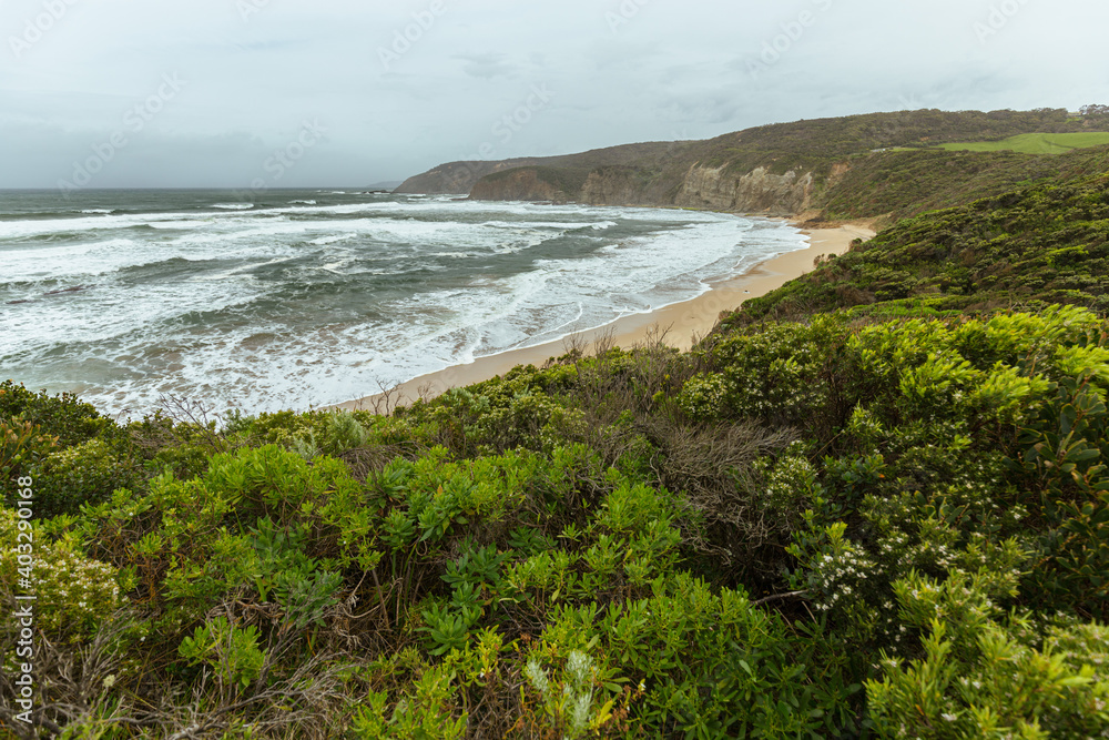 Coast along the Great Ocean Road on a stormy spring day